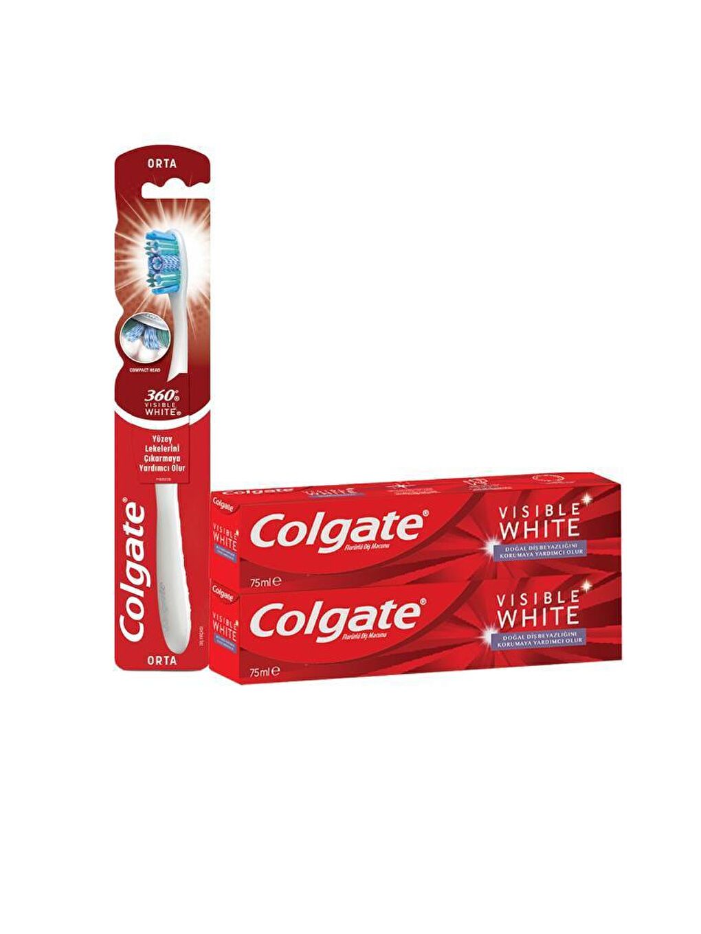 Colgate Karışık Visible White Maksimum Beyazlık Diş Macunu 75 ml x 2 Adet - 360 Orta Diş Fırçası - 6