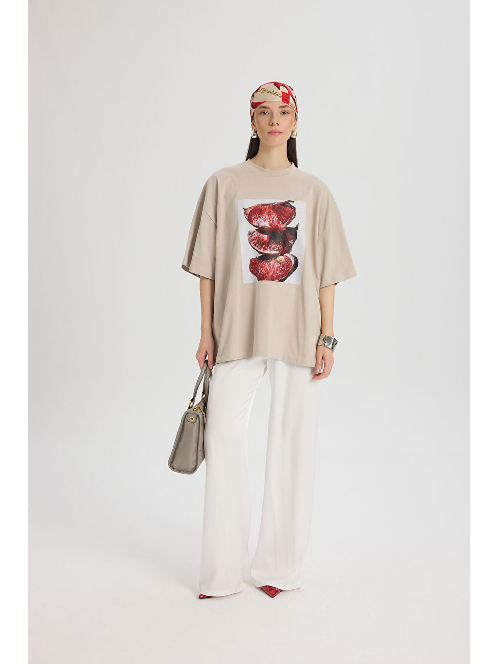 Bej Pomelo Oversize Taş T-Shirt-5