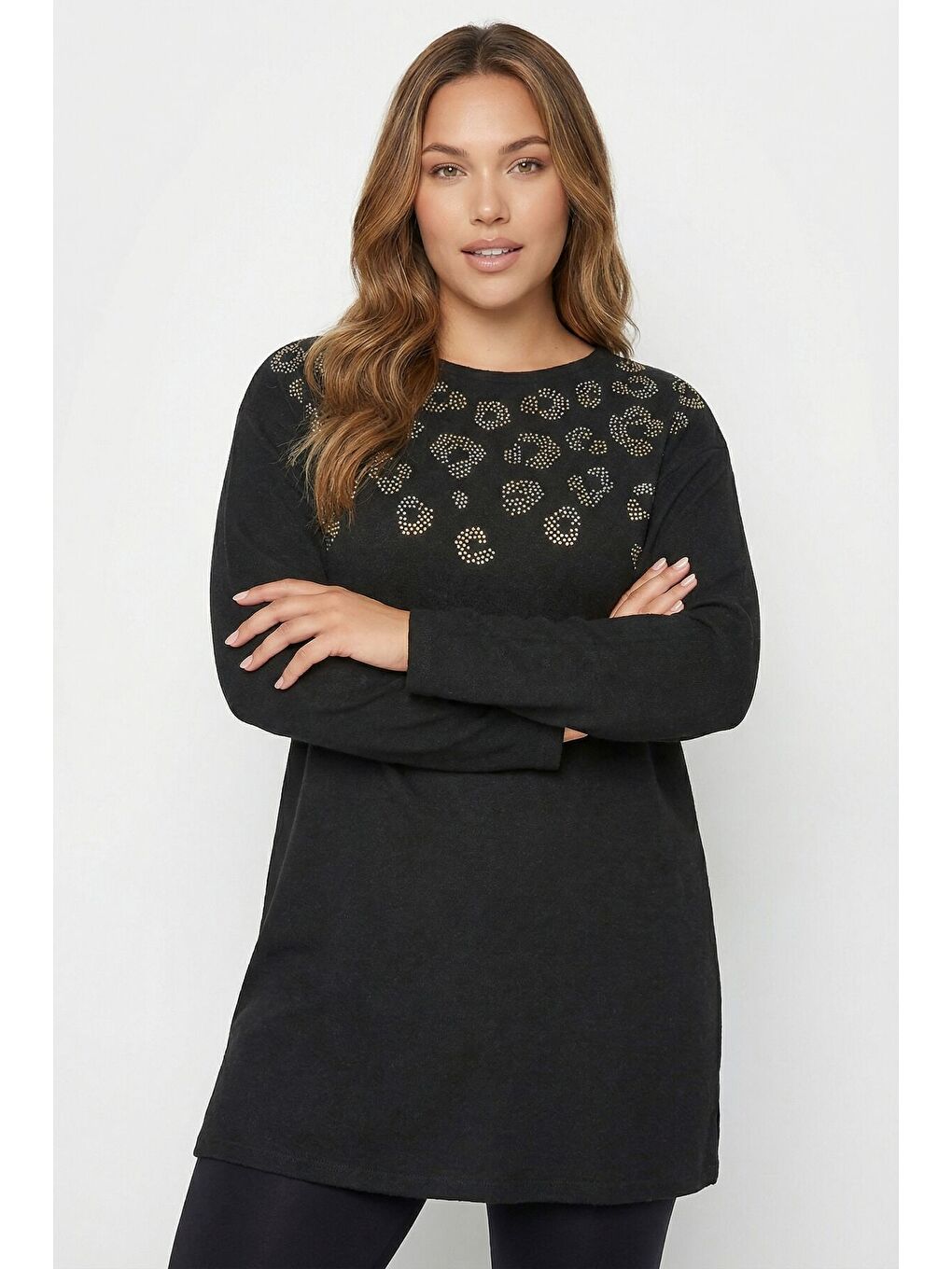 Büyük Beden Yumoş Dokulu Siyah Taşlı Tunik Kazak 520926-3