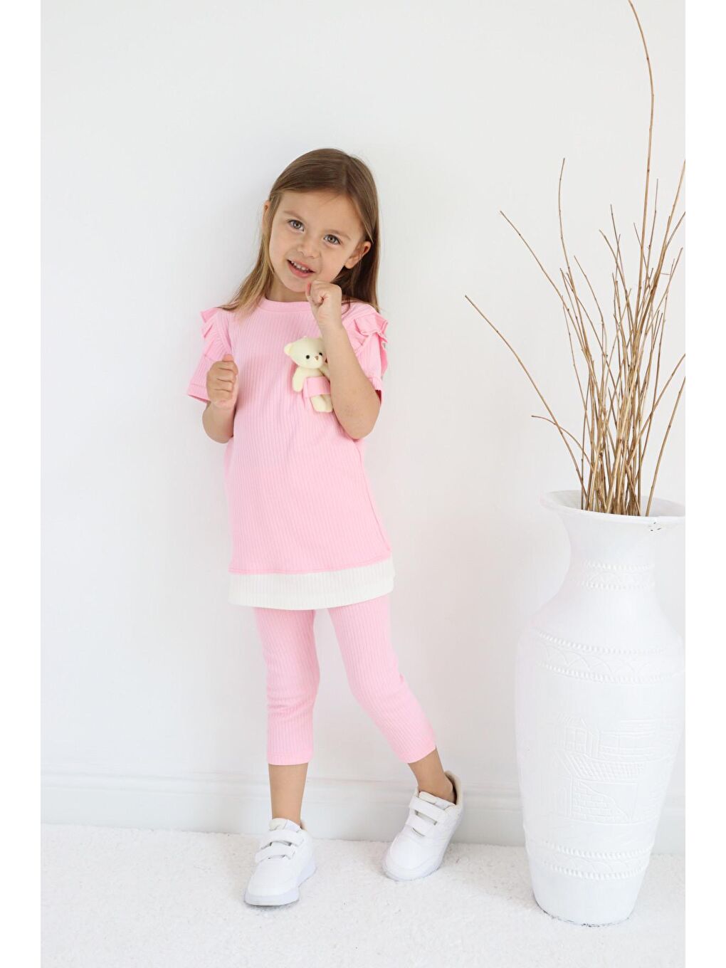 Pembe Kız Çocuk Ayıcık Oyuncaklı Kaprili Yazlık Basic Takım 2-5 yaş-1