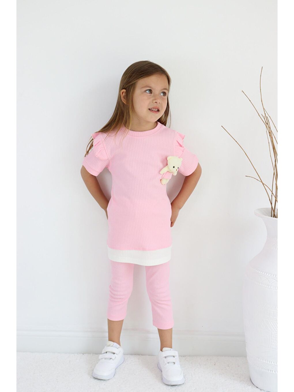 Pembe Kız Çocuk Ayıcık Oyuncaklı Kaprili Yazlık Basic Takım 2-5 yaş-2