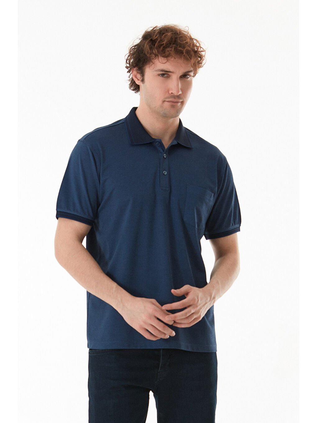 İndigo Cepli Düğmeli Polo Yaka Tişört-1