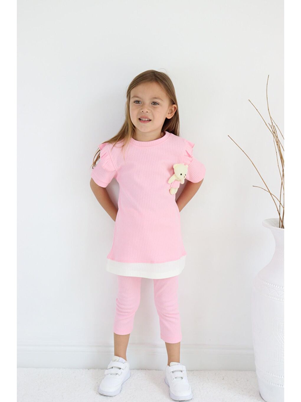 Pembe Kız Çocuk Ayıcık Oyuncaklı Kaprili Yazlık Basic Takım 2-5 yaş-3