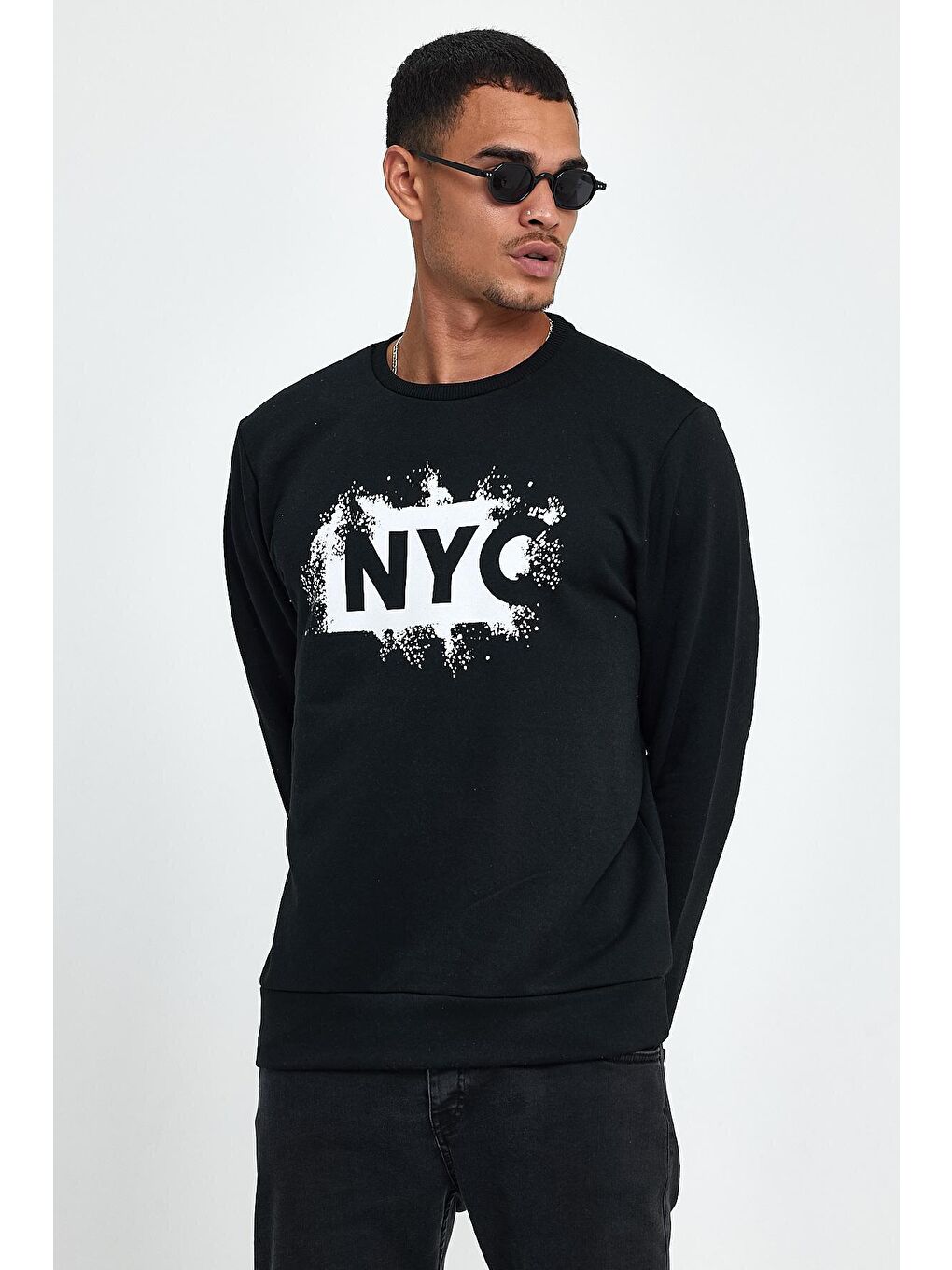Siyah Erkek Bisiklet Yaka Regular Fit 3 İplik Kalın NYC Baskılı Sweatshirt spr24sw24-1
