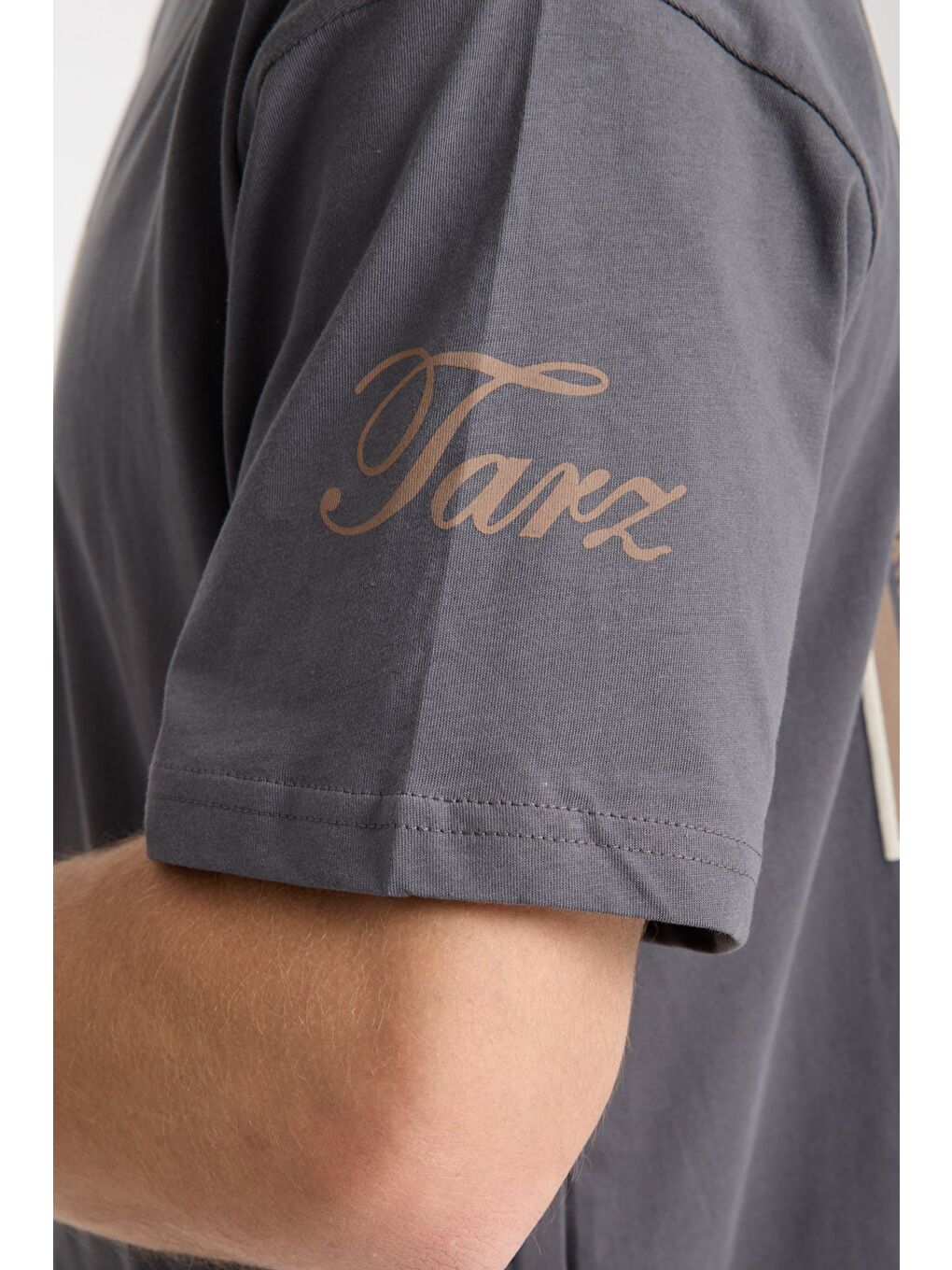 Gri Erkek Füme Cool Ön Ve Arka Baskılı Oversize Bisiklet Yaka Tişört-3