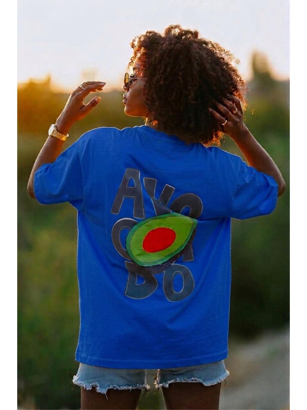 Mavi Avacado Sırt Baskılı Oversize Unisex Pamuklu Tişört