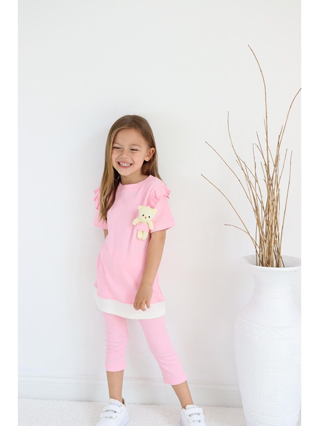 Pembe Kız Çocuk Ayıcık Oyuncaklı Kaprili Yazlık Basic Takım 2-5 yaş-4