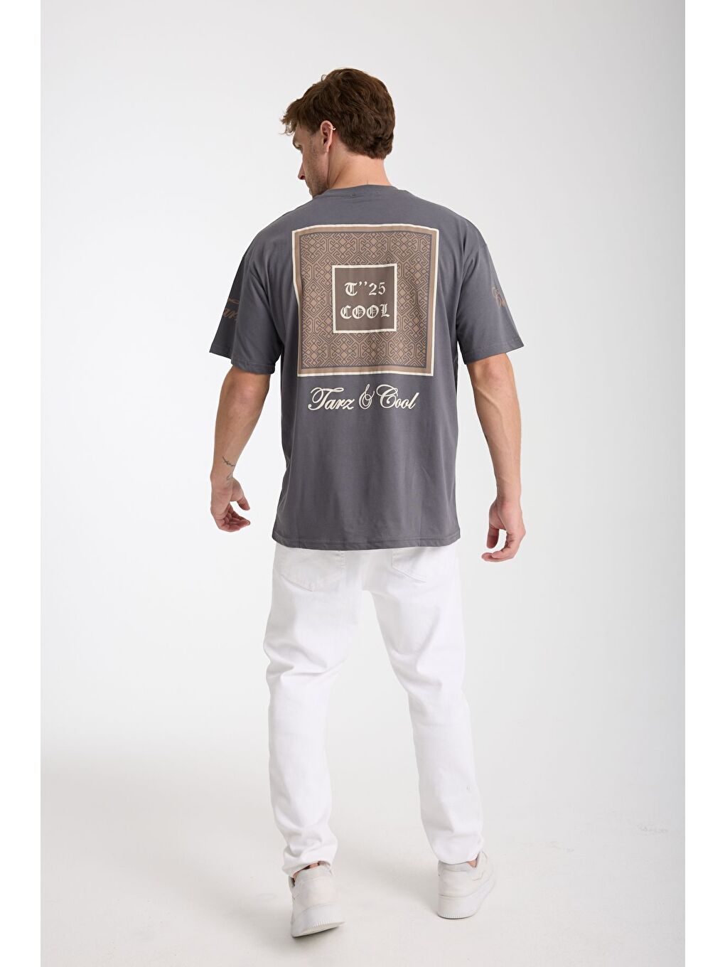 Gri Erkek Füme Cool Ön Ve Arka Baskılı Oversize Bisiklet Yaka Tişört-4