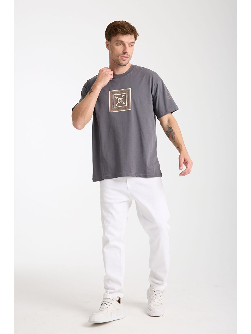 Gri Erkek Füme Cool Ön Ve Arka Baskılı Oversize Bisiklet Yaka Tişört-5