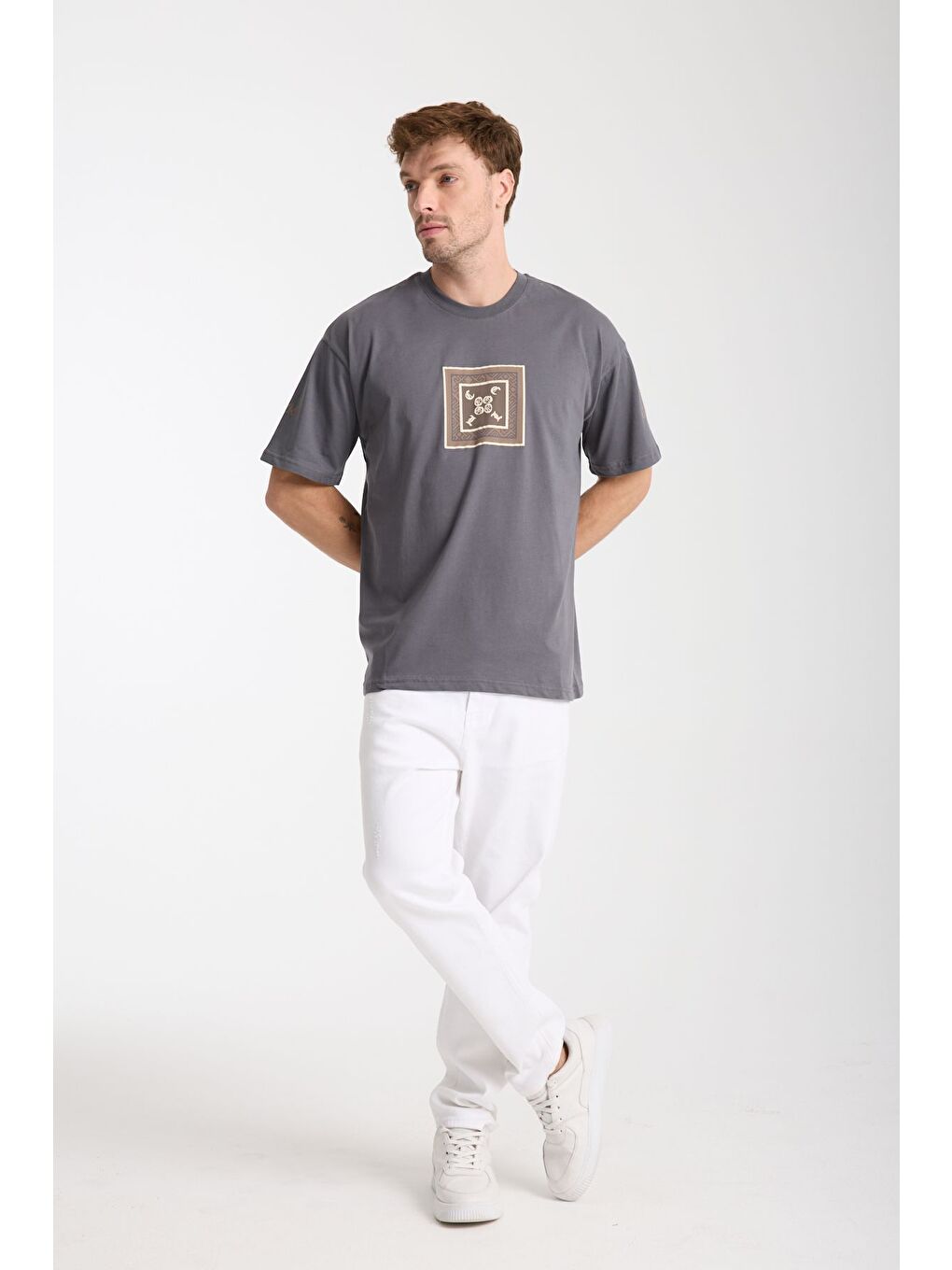 Gri Erkek Füme Cool Ön Ve Arka Baskılı Oversize Bisiklet Yaka Tişört-6