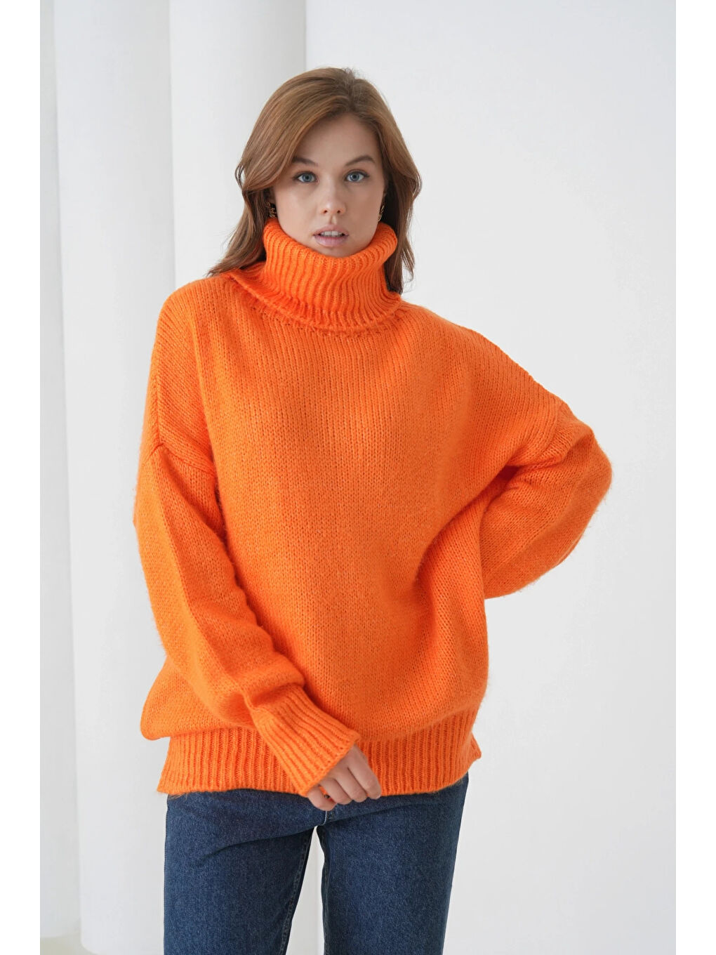 Turuncu Kadın Balıkçı Yaka Kaşkorse Oversize Triko Tunik-1