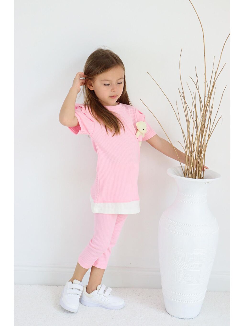 Pembe Kız Çocuk Ayıcık Oyuncaklı Kaprili Yazlık Basic Takım 2-5 yaş-5