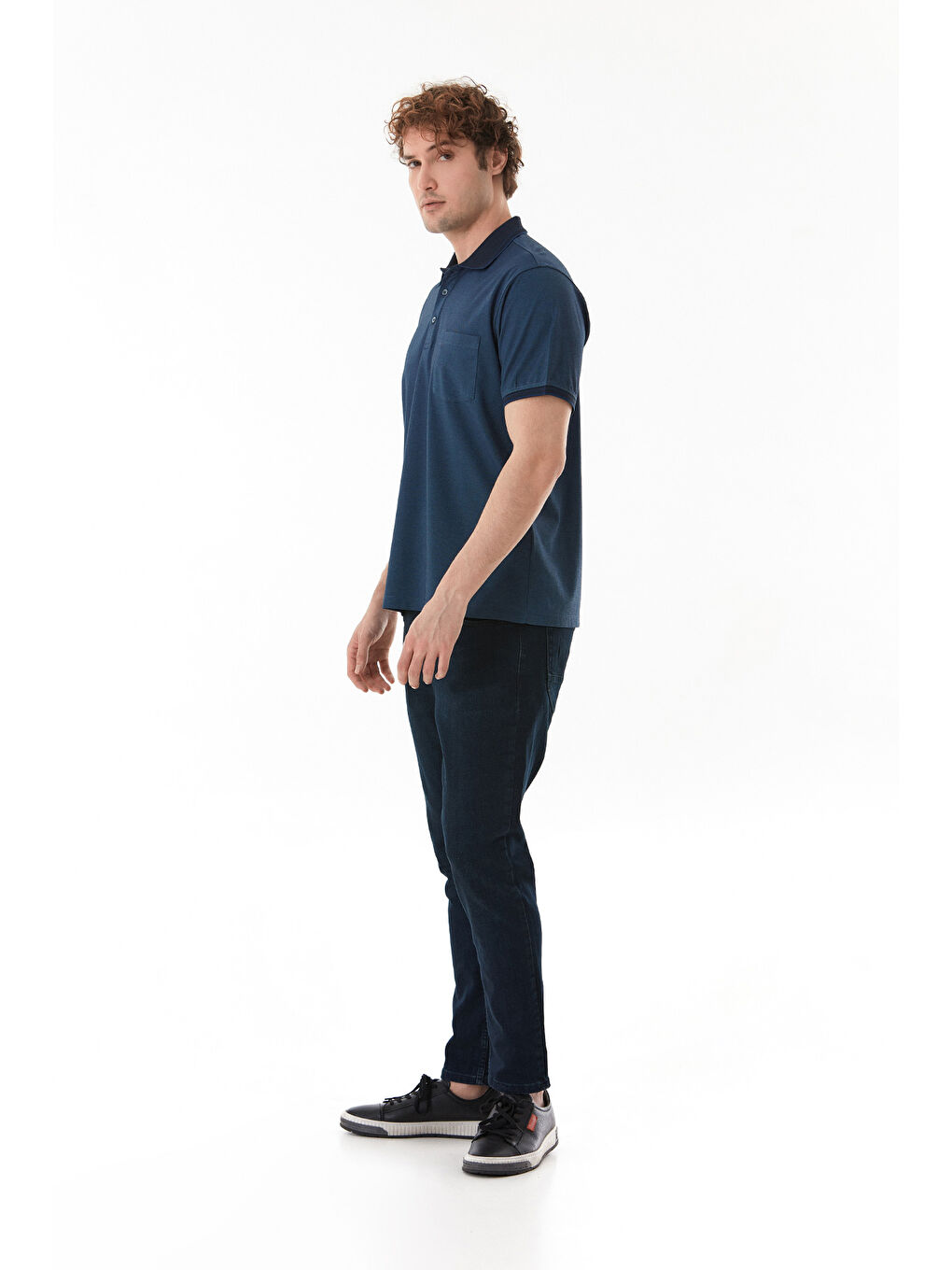İndigo Cepli Düğmeli Polo Yaka Tişört-3