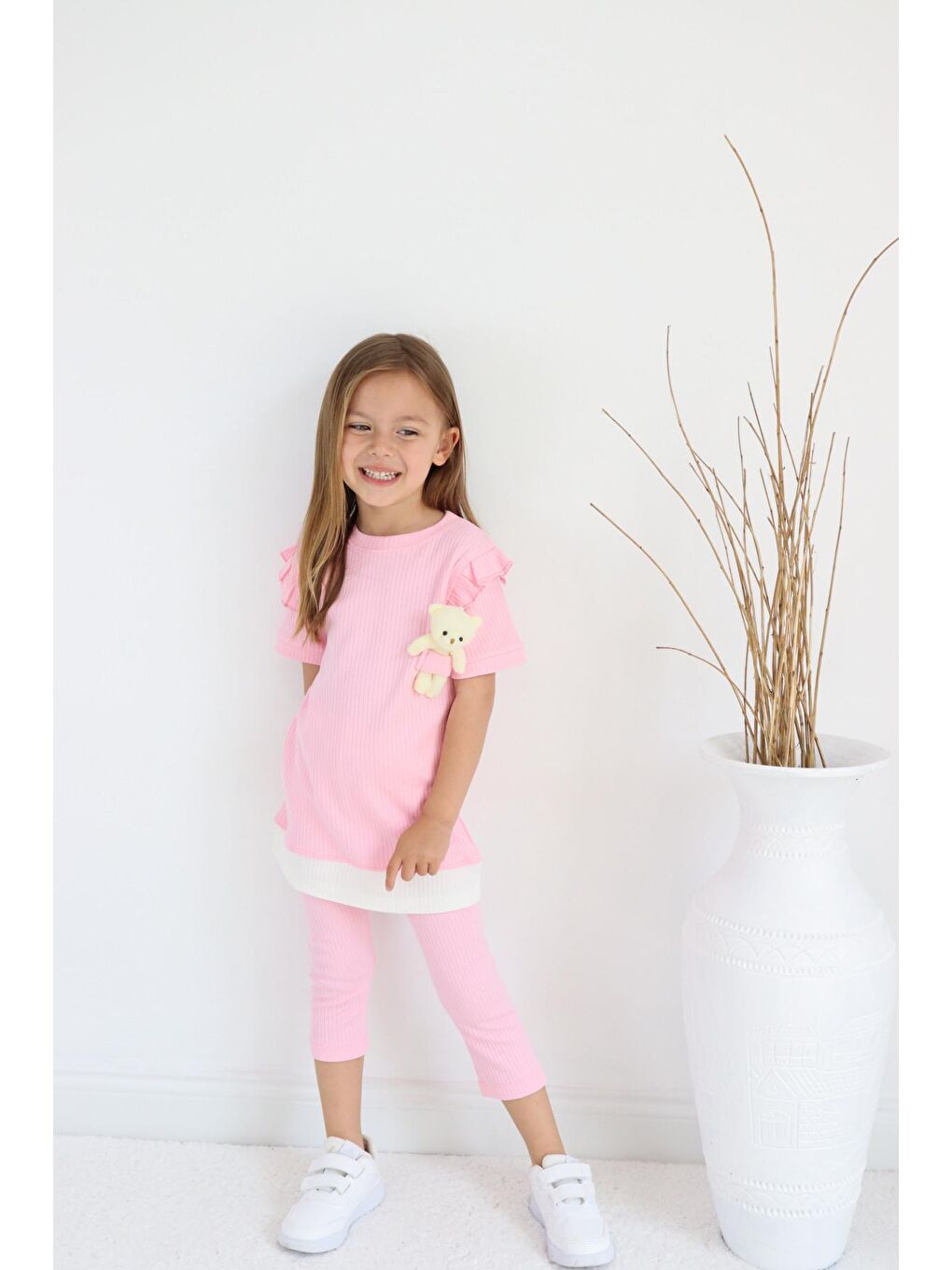 Pembe Kız Çocuk Ayıcık Oyuncaklı Kaprili Yazlık Basic Takım 2-5 yaş-6