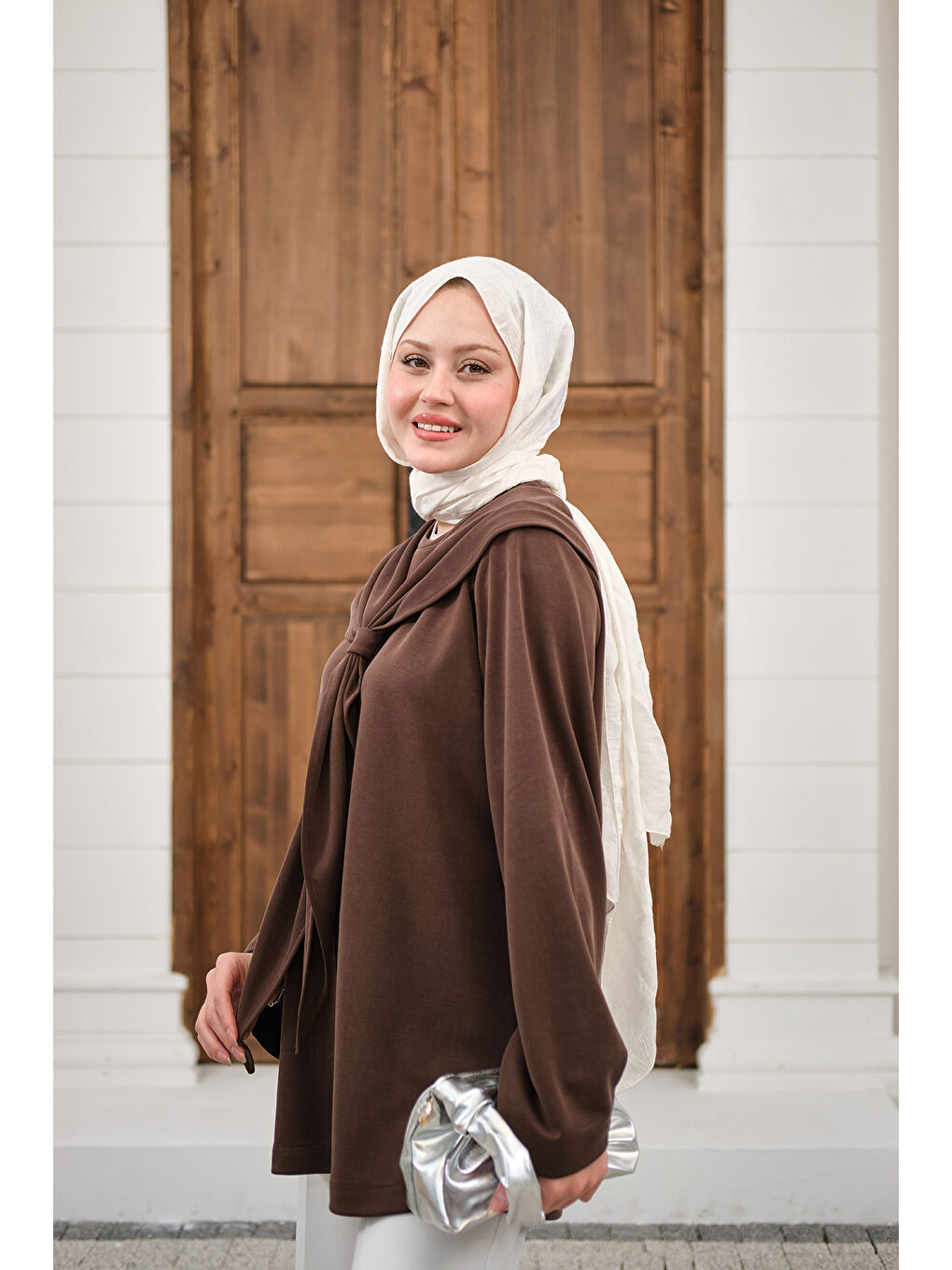 Kadın Yaka Pelerin Bağlamalı Bisiklet Yaka Tunik Kahverengi-3