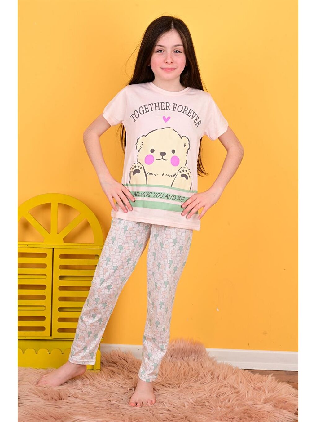 Pembe Kız Çocuk Kısa Kollu Pijama Takımı Together Forever Somon