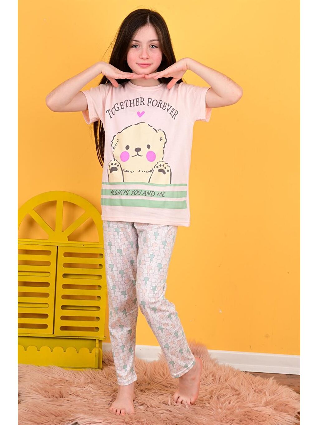 Pembe Kız Çocuk Kısa Kollu Pijama Takımı Together Forever Somon-1