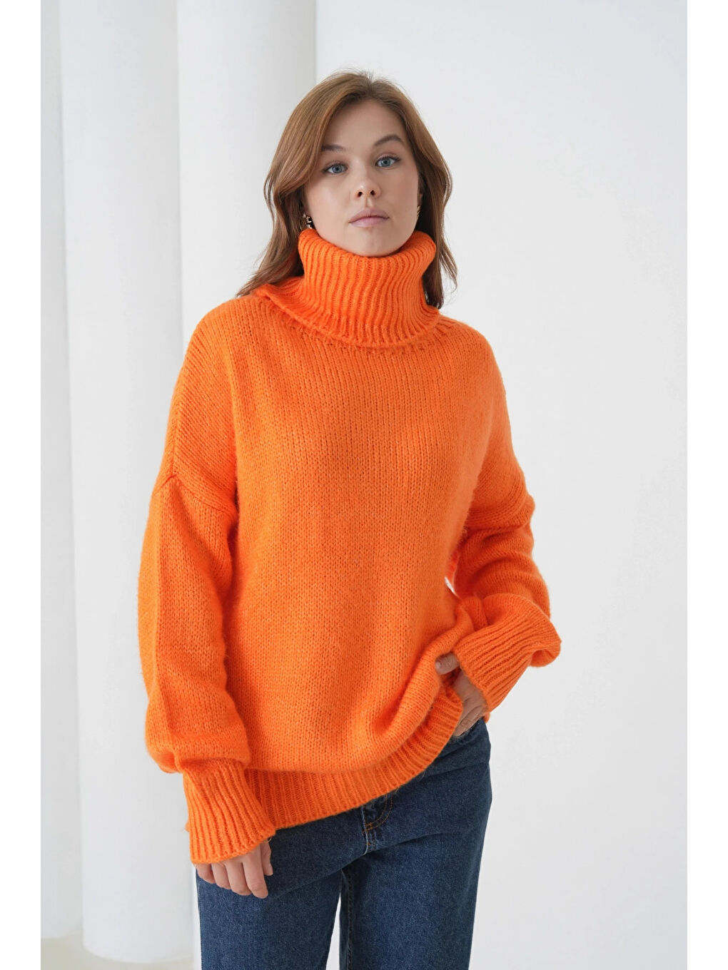 Turuncu Kadın Balıkçı Yaka Kaşkorse Oversize Triko Tunik-3