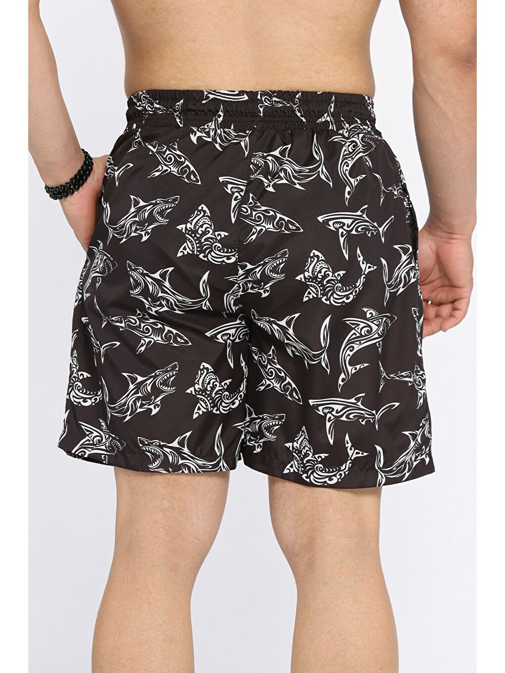 Siyah Dijital Baskılı Cepli Erkek Deniz Şortu-1