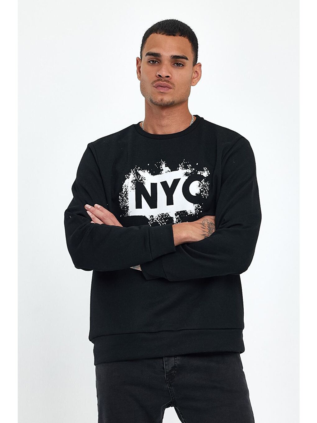 Siyah Erkek Bisiklet Yaka Regular Fit 3 İplik Kalın NYC Baskılı Sweatshirt spr24sw24-2