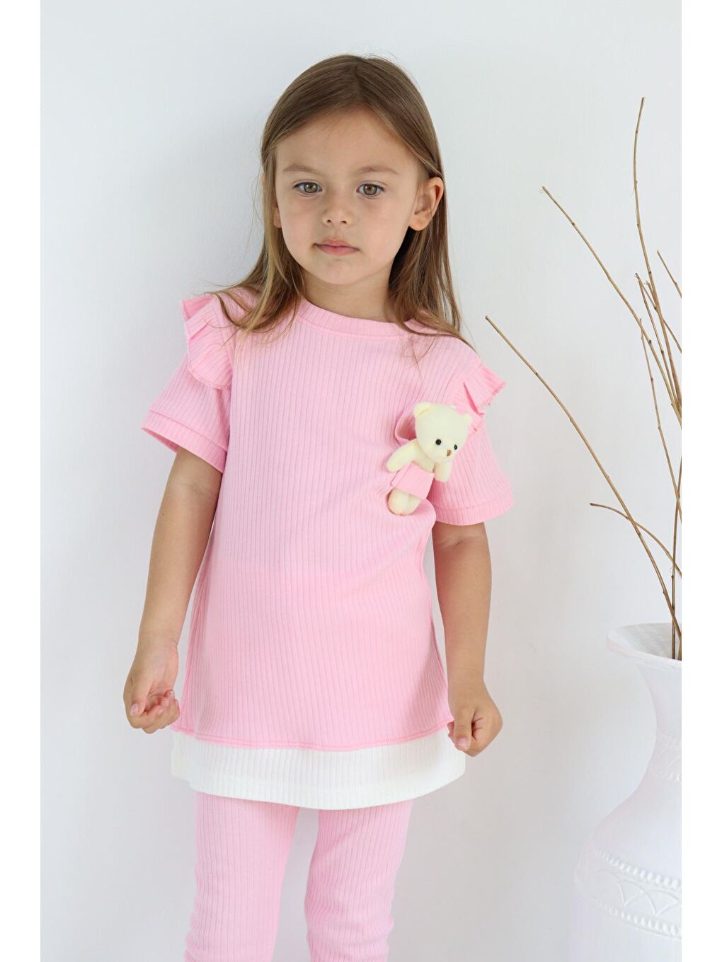 Pembe Kız Çocuk Ayıcık Oyuncaklı Kaprili Yazlık Basic Takım 2-5 yaş-7