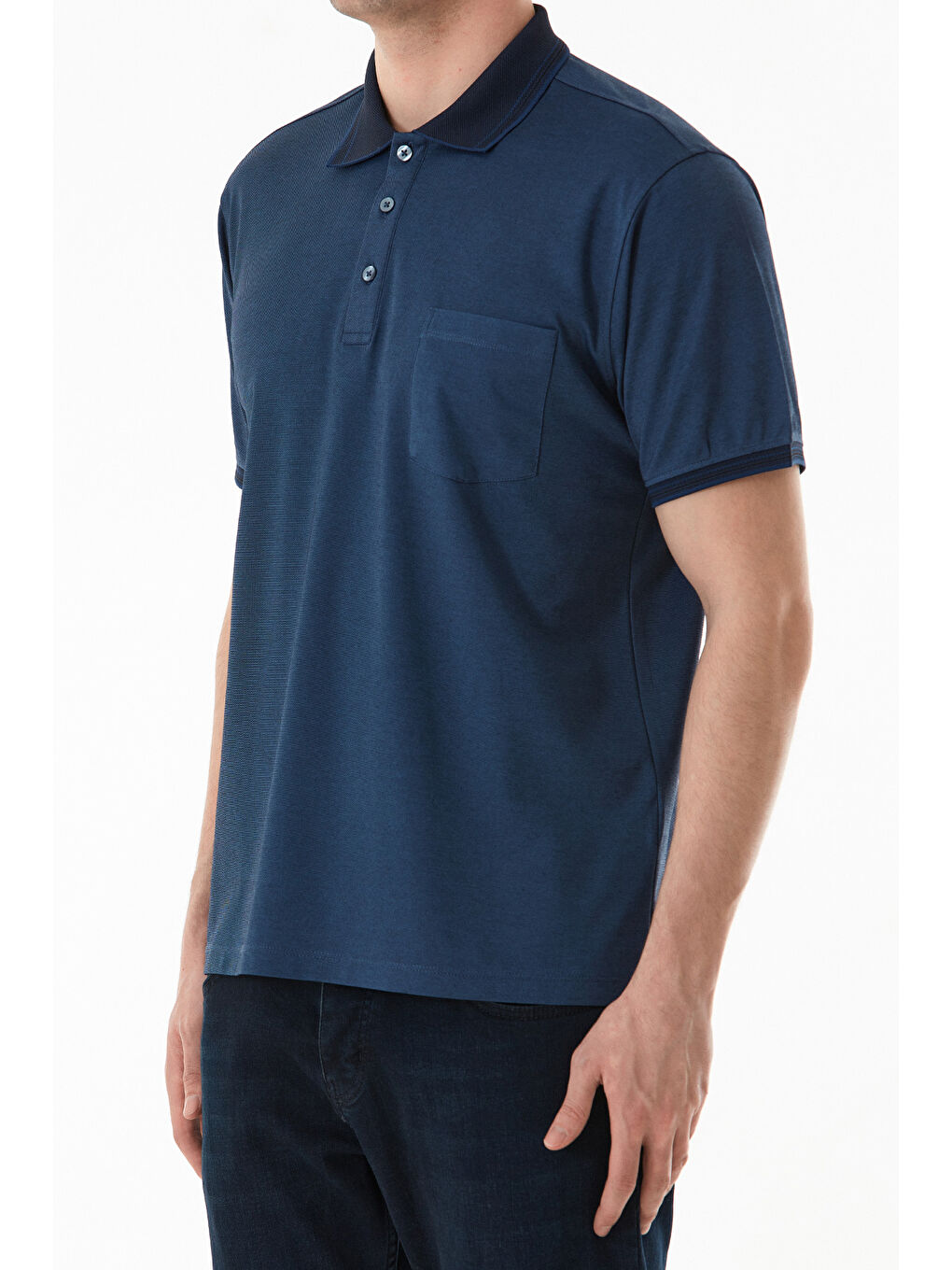 İndigo Cepli Düğmeli Polo Yaka Tişört-4