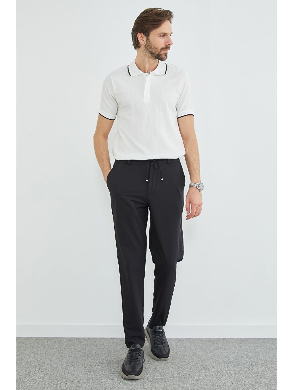 Siyah Beli Bağcıklı Lastikli Pantolon-2