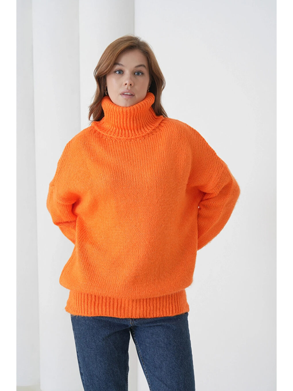 Turuncu Kadın Balıkçı Yaka Kaşkorse Oversize Triko Tunik-4