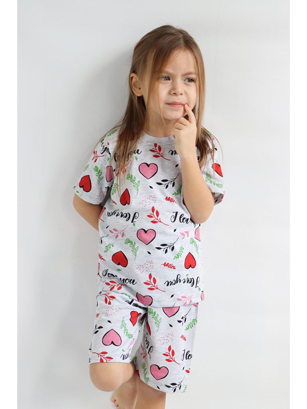 Kırmızı Kız Çocuk Gri Baskılı Şortlu Alt-Üst Basic Takım 3-10 Yaş