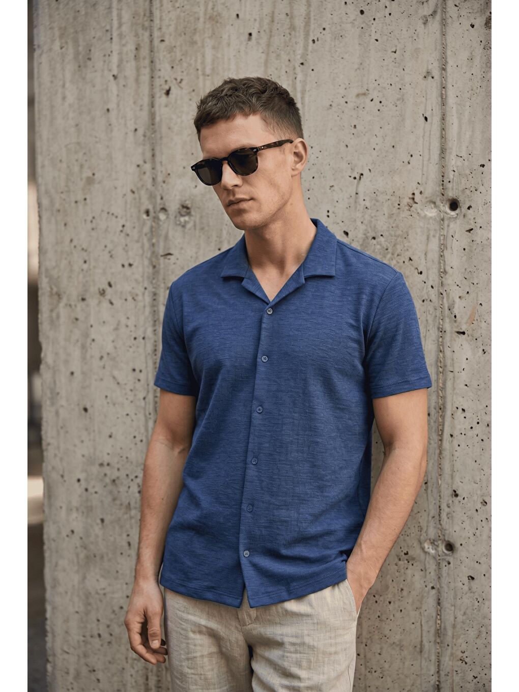 Mavi Alfio Erkek Apaş Yaka Kendinden Dokulu Kısa Kollu Yazlık Gömlek-1