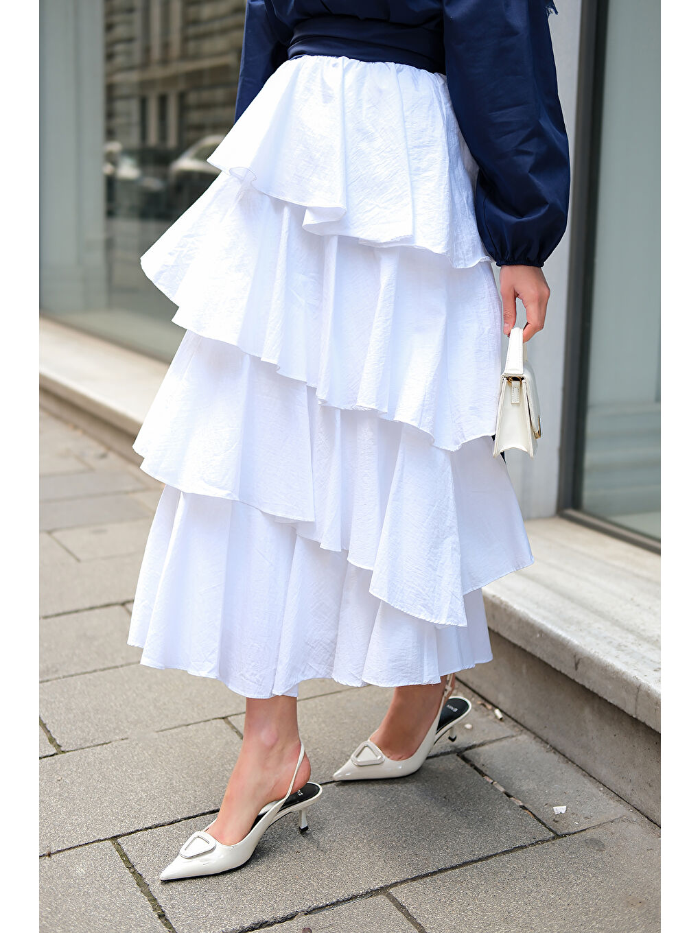 Kadın Kat Kat Valonlu Etek Beyaz-2