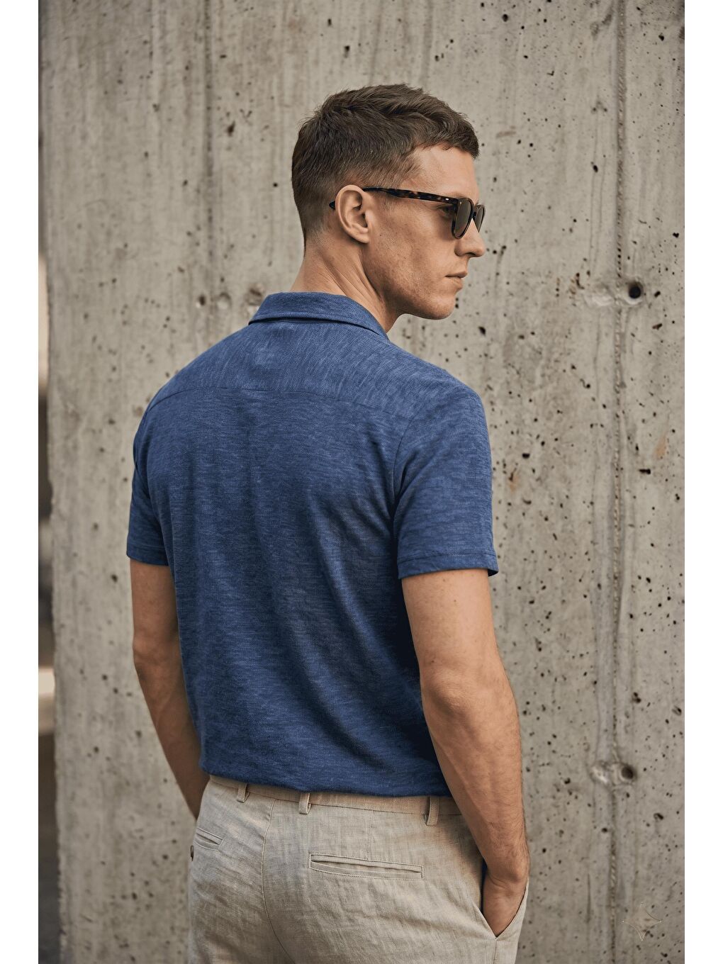 Mavi Alfio Erkek Apaş Yaka Kendinden Dokulu Kısa Kollu Yazlık Gömlek-2