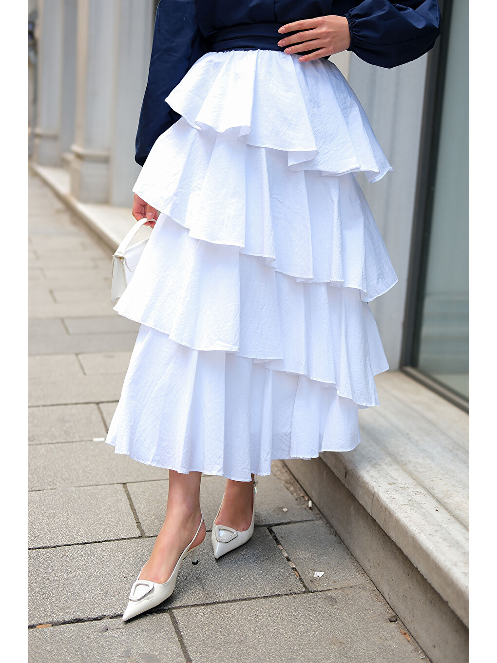 Kadın Kat Kat Valonlu Etek Beyaz-3