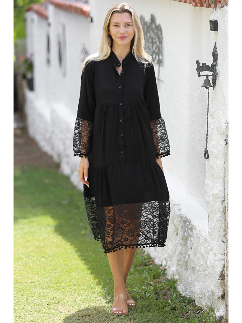 Siyah Hakim Yaka 3/4 Kol Düğmeli Kol Ve Etek Ucu Dantelli Dokuma Casual Elbise-2