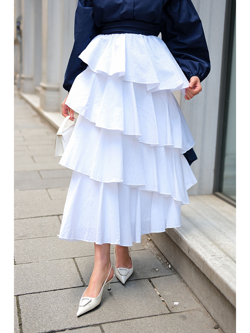 Kadın Kat Kat Valonlu Etek Beyaz-4