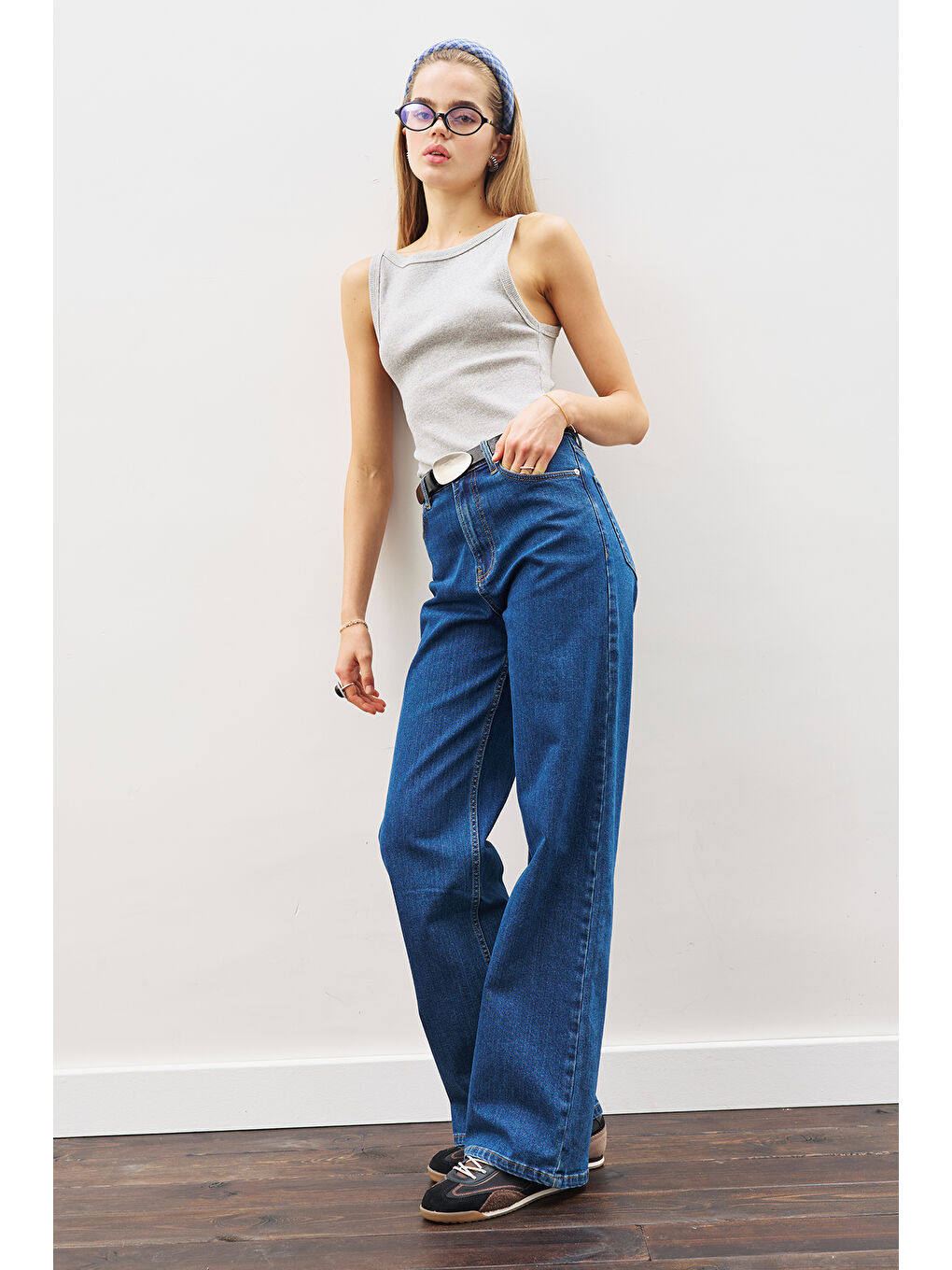 Dikiş Detaylı Geniş Denim Pantolon İndigo