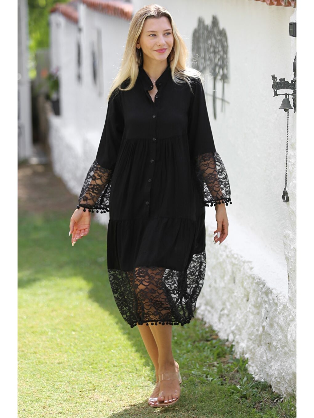 Siyah Hakim Yaka 3/4 Kol Düğmeli Kol Ve Etek Ucu Dantelli Dokuma Casual Elbise-3