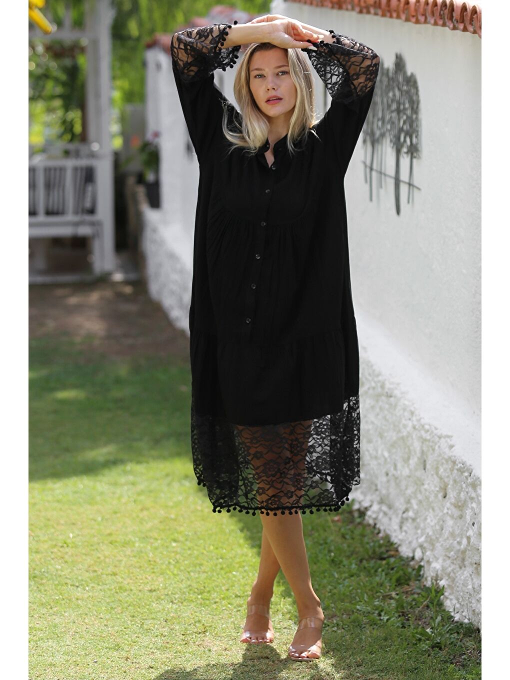 Siyah Hakim Yaka 3/4 Kol Düğmeli Kol Ve Etek Ucu Dantelli Dokuma Casual Elbise-6