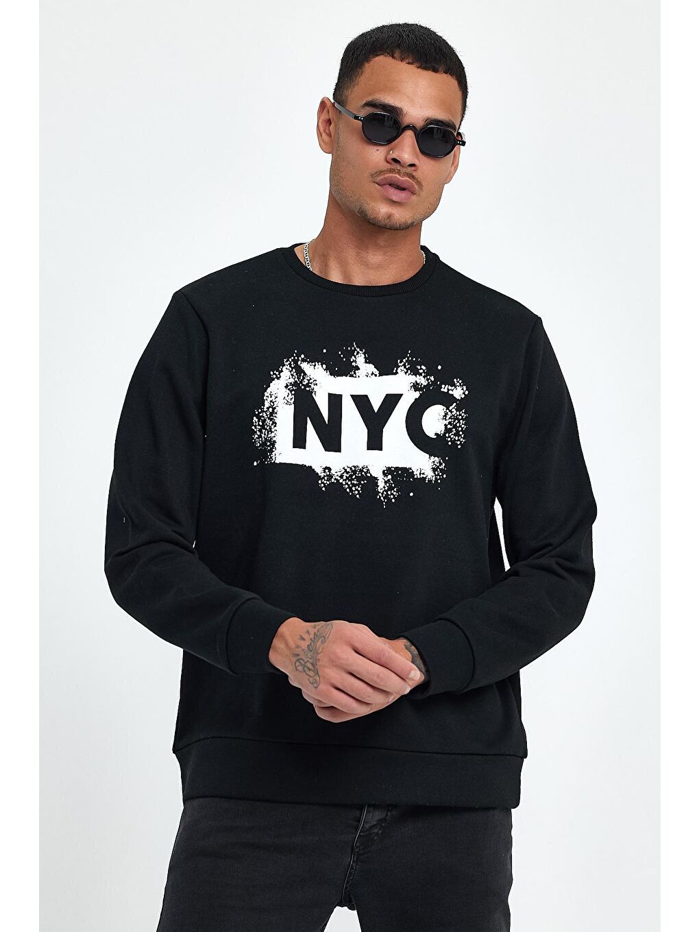 Siyah Erkek Bisiklet Yaka Regular Fit 3 İplik Kalın NYC Baskılı Sweatshirt spr24sw24-3