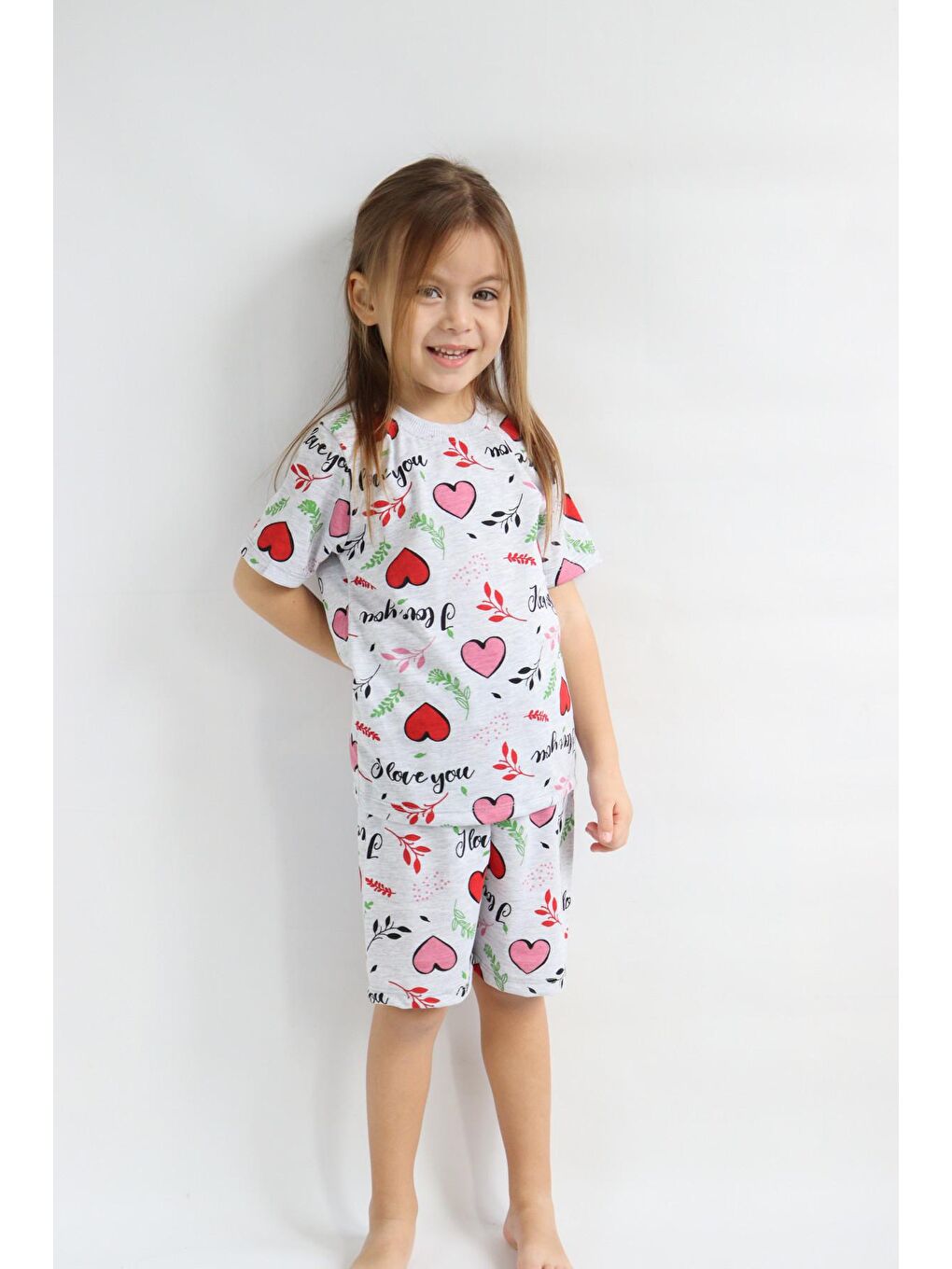 Kırmızı Kız Çocuk Gri Baskılı Şortlu Alt-Üst Basic Takım 3-10 Yaş-2