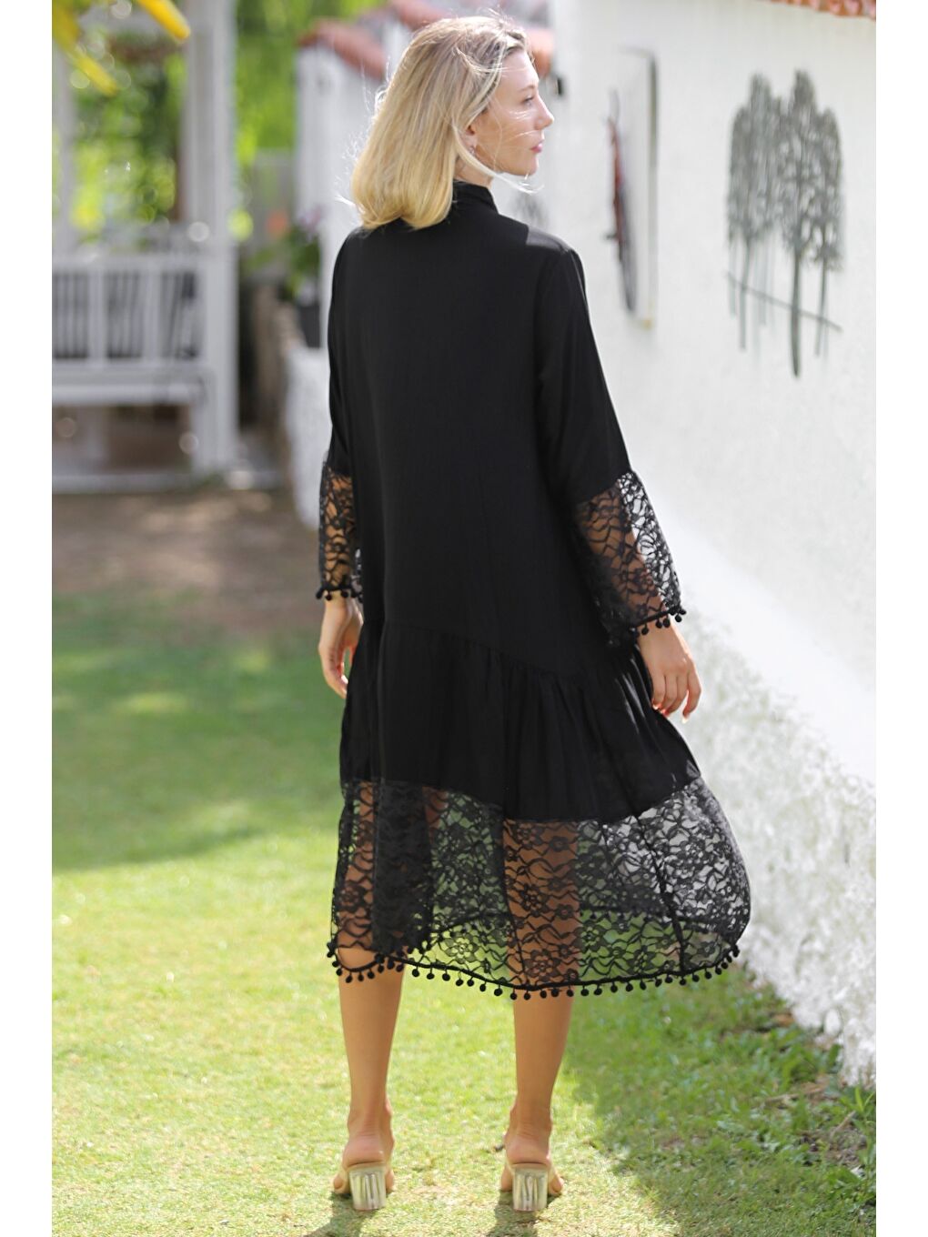 Siyah Hakim Yaka 3/4 Kol Düğmeli Kol Ve Etek Ucu Dantelli Dokuma Casual Elbise-7