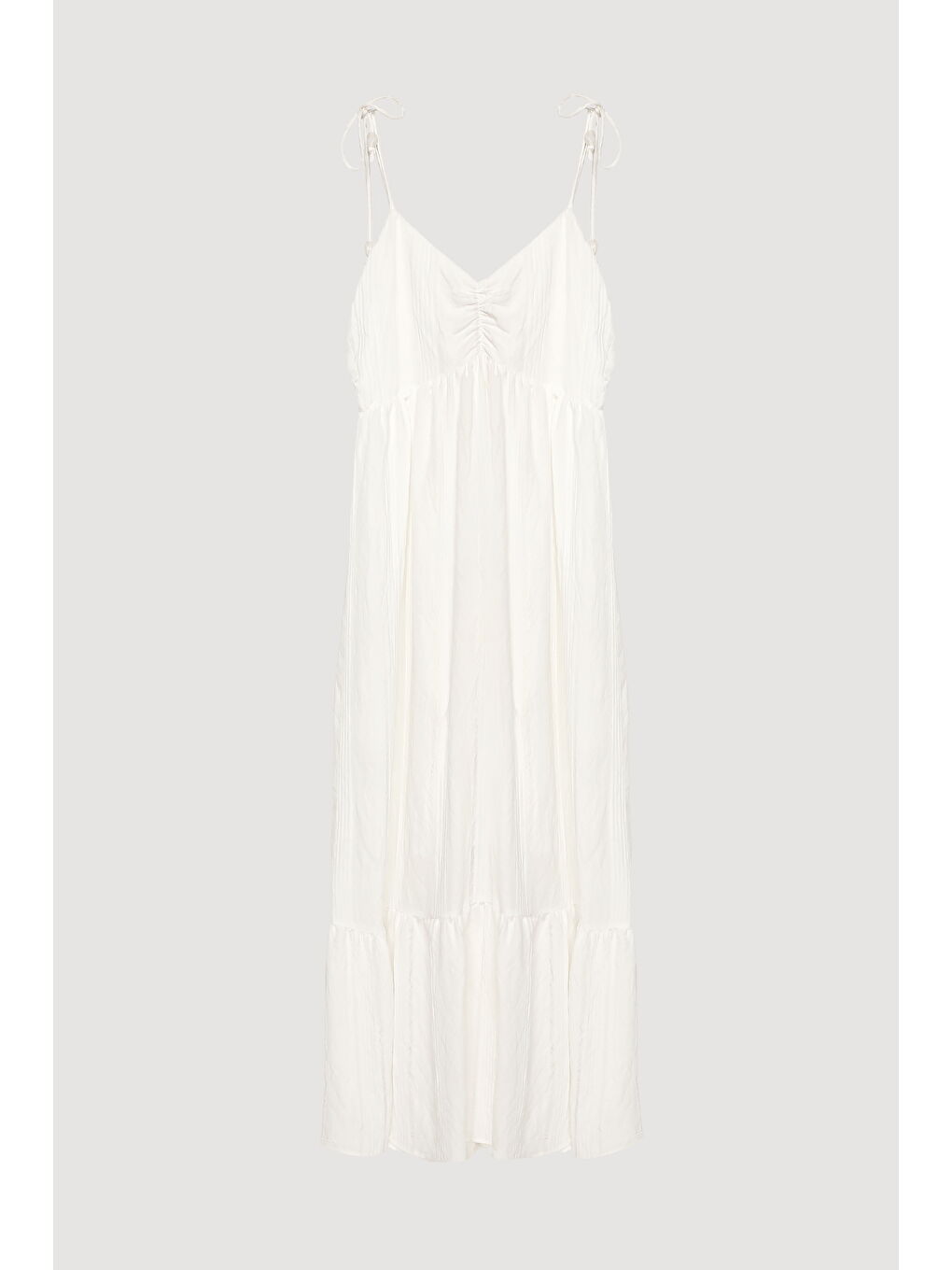 İnce Çizgili Boncuk Askılı Uzun Elbise Ekru-1