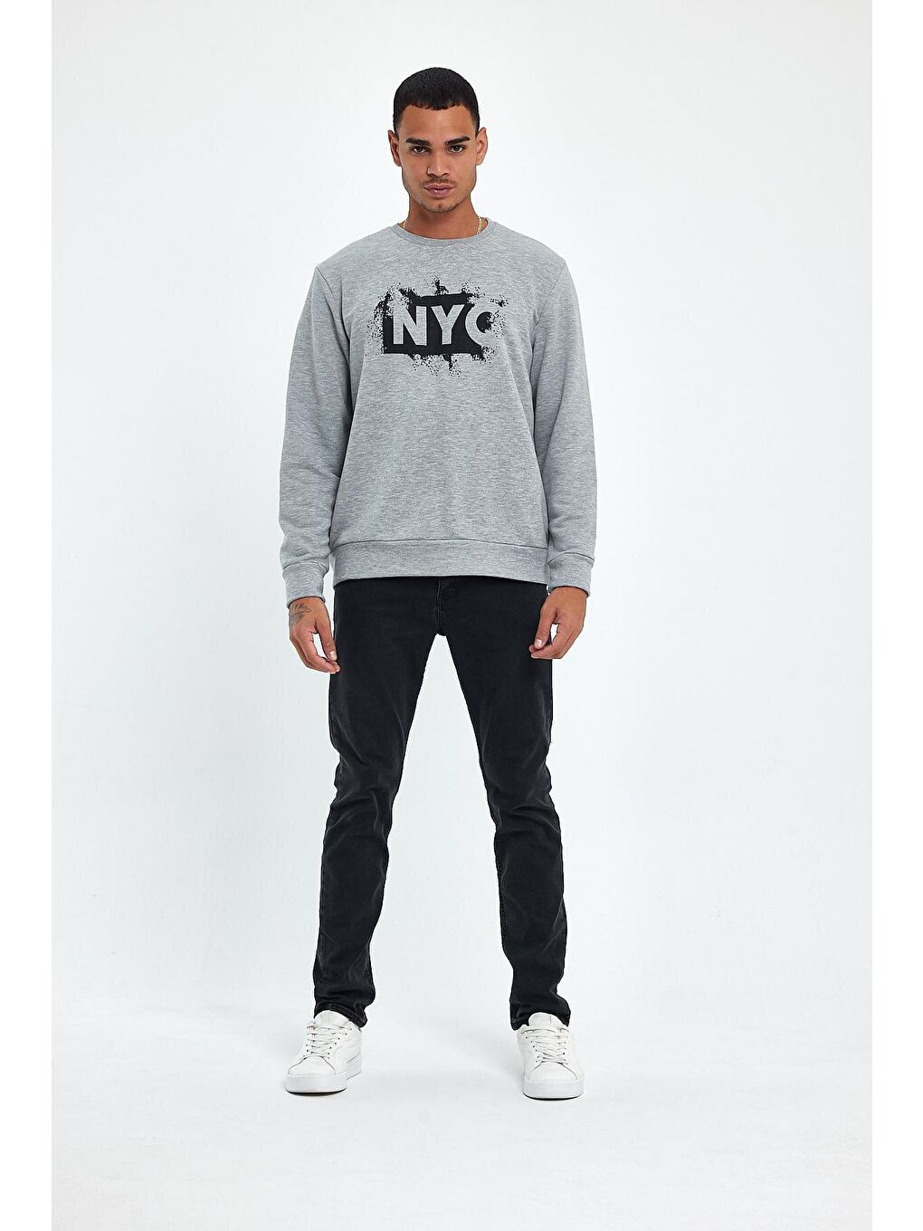 Gri Erkek Bisiklet Yaka Regular Fit 3 İplik Kalın NYC Baskılı Sweatshirt spr24sw24