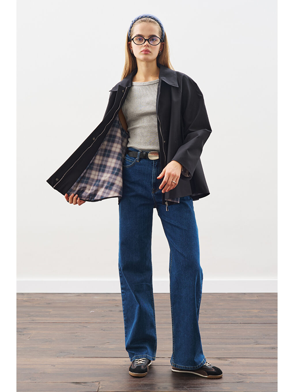 Dikiş Detaylı Geniş Denim Pantolon İndigo-1