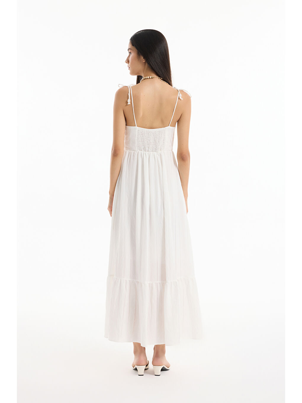 İnce Çizgili Boncuk Askılı Uzun Elbise Ekru-4