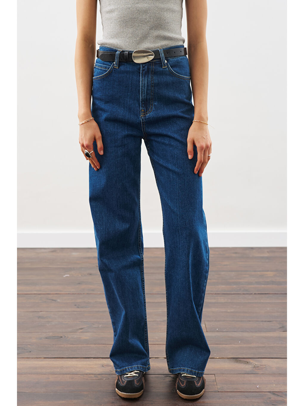 Dikiş Detaylı Geniş Denim Pantolon İndigo-2