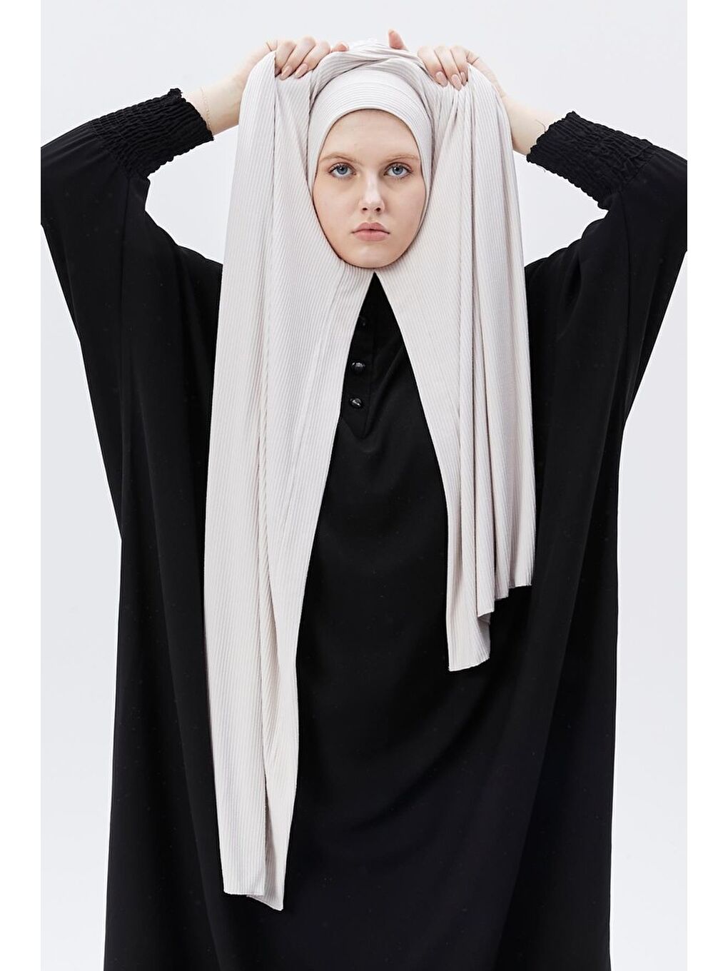 Bej Hazır Pratik Geçmeli Lüks Organik Çizgili Kaşkorse Şal Çapraz Hizalı