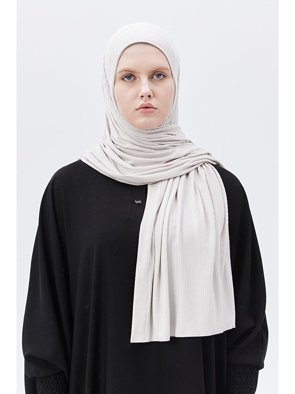 Bej Hazır Pratik Geçmeli Lüks Organik Çizgili Kaşkorse Şal Çapraz Hizalı-1