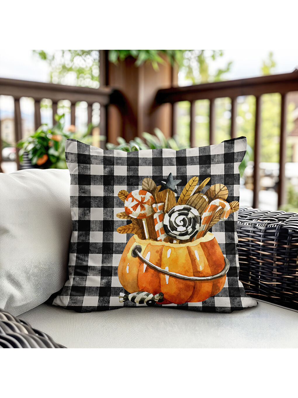 Karışık Çift Taraf Baskılı Kadife Doku Sonbahar Ve Kabak Desenli Kırlent Kılıfı