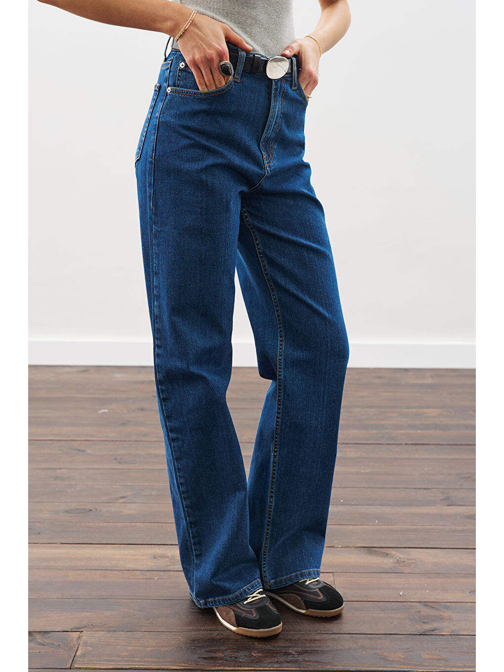 Dikiş Detaylı Geniş Denim Pantolon İndigo-3